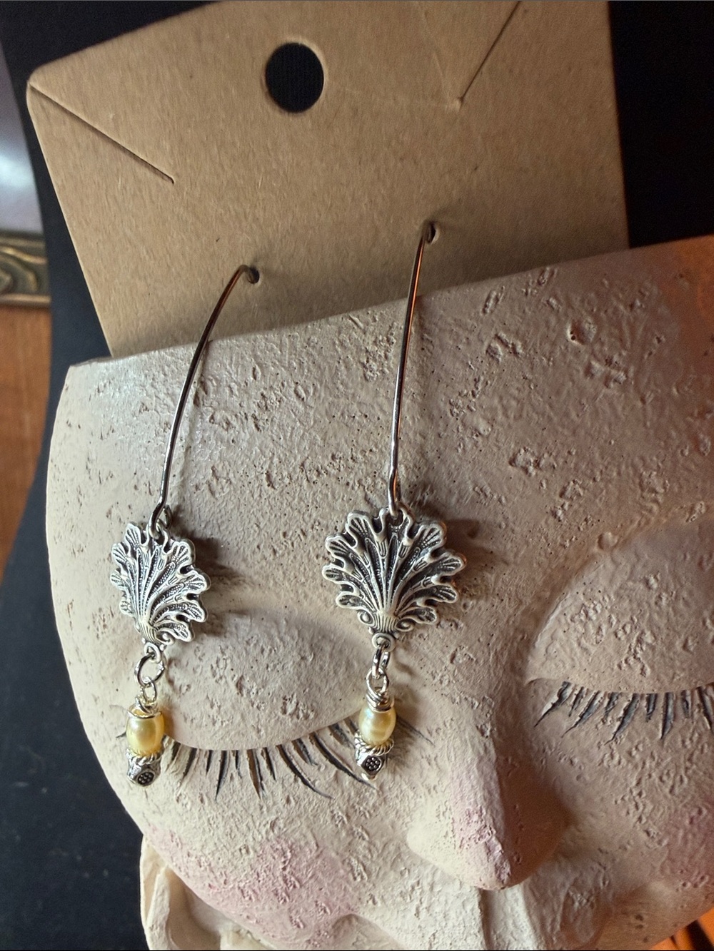 Silver Leaf Dangle Earrings with Cream Bead